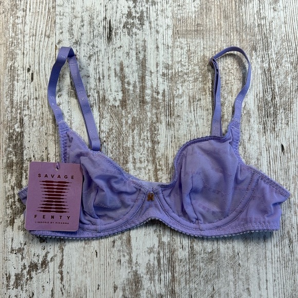 SAVAGE X FENTY NWT Lavender Flocked Logo Mesh Unlined Underwire Bra Size 32A - Picture 2 of 10